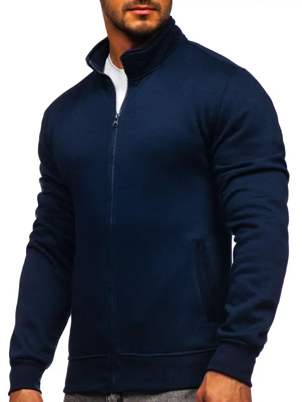 Granatowa bluza męska rozpinana bez kaptura może w niektórych stylizacjach zastąpić marynarkę lub kardigan