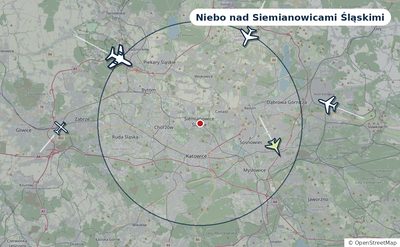Mapa okolic miasta z sylwetkami samolotów — Niebo nad Siemianowicami Śląskimi na żywo