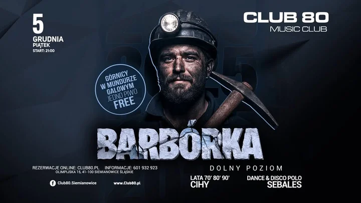 Grafika promocyjna wydarzenia BARBÓRKA 2025 w CLUB 80 — piątek 5 grudnia, impreza górnicza z najlepszymi hitami