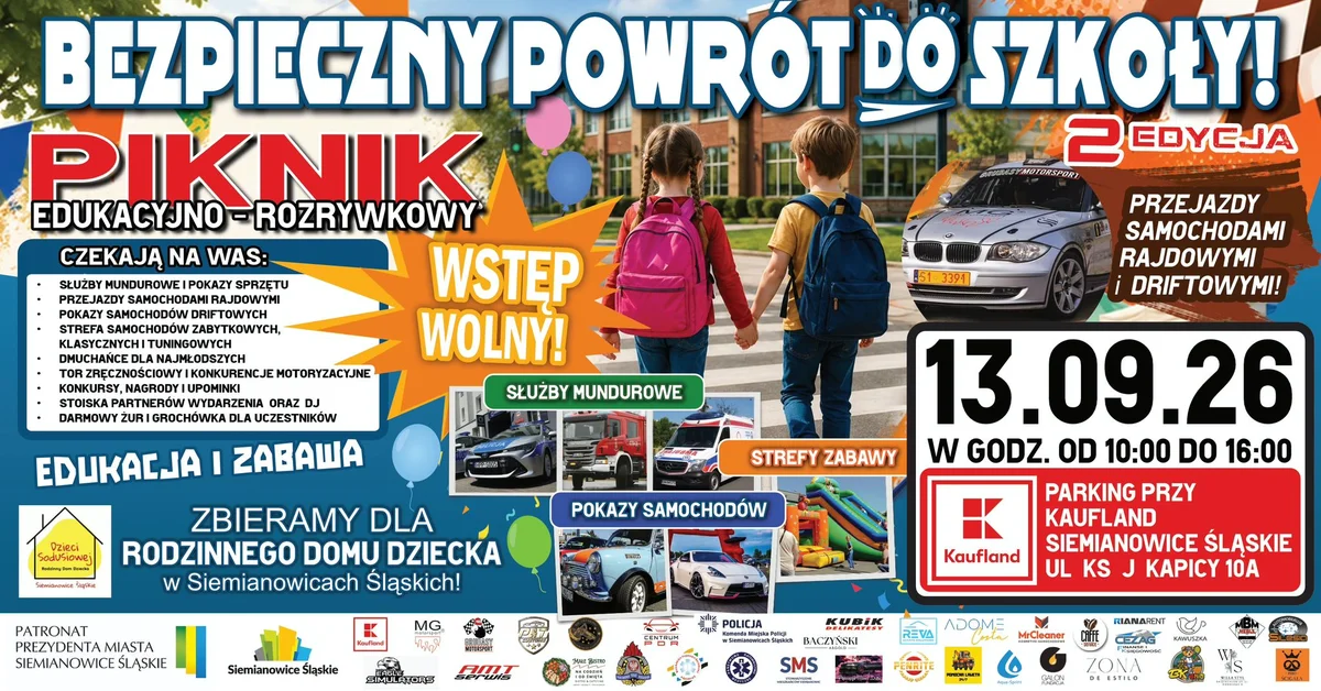 Grafika promocyjna wydarzenia Bezpieczna droga do szkoły – 2. edycja w Siemianowicach