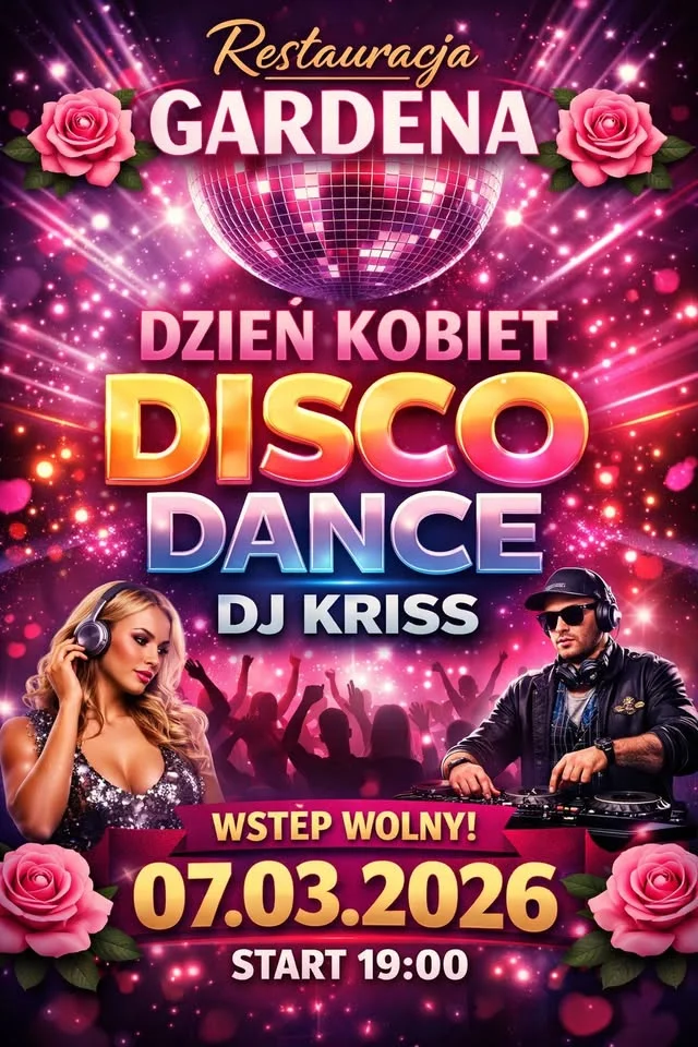 Grafika promocyjna wydarzenia DISCO DANCE – Dzień Kobiet w Restauracji Gardena