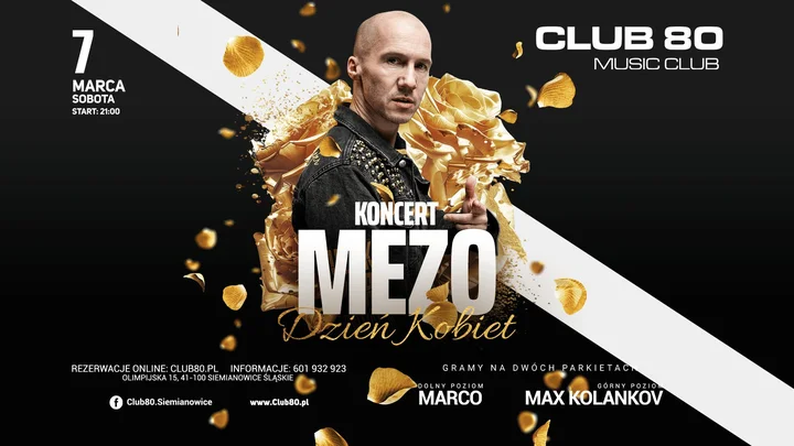 Grafika promocyjna wydarzenia Dzień Kobiet — koncert MEZO w CLUB 80 (7 marca 2026)