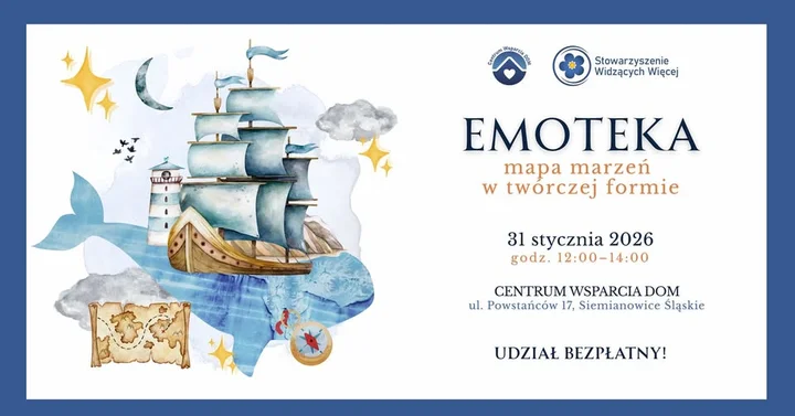 Grafika promocyjna wydarzenia Emoteka — mapa marzeń w twórczej formie (kreatywne warsztaty dla dorosłych)