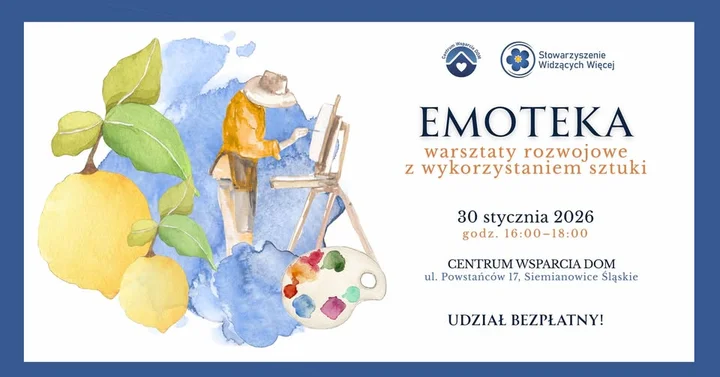Grafika promocyjna wydarzenia Emoteka — warsztaty rozwojowe z wykorzystaniem sztuki dla dorosłych