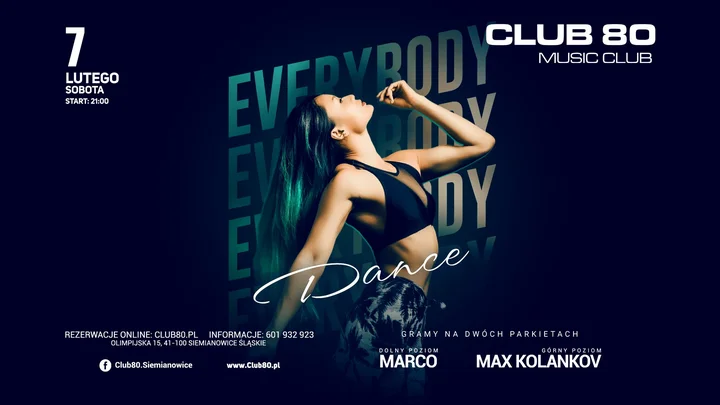 Grafika promocyjna wydarzenia EVERYBODY DANCE w CLUB 80 — sobotnia noc tańca (7 lutego)