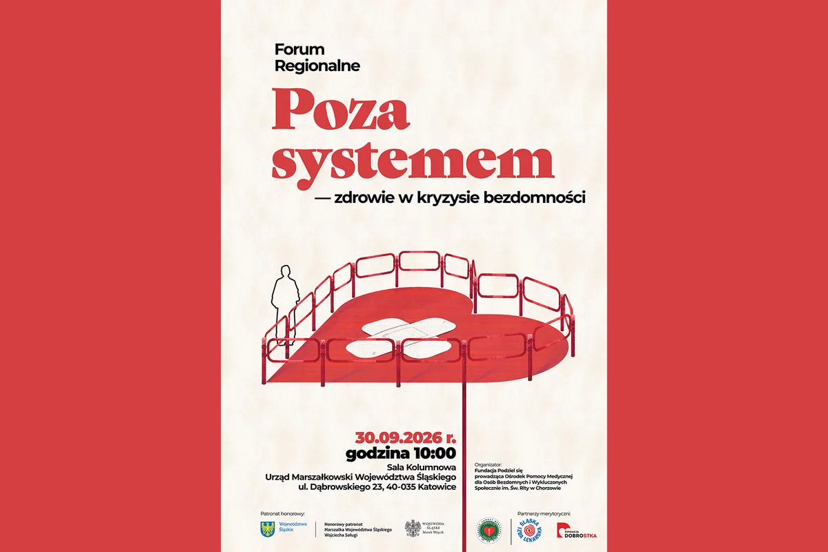 Grafika promocyjna wydarzenia Forum Regionalne „Poza systemem – zdrowie w kryzysie bezdomności”