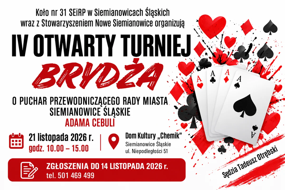 Grafika promocyjna wydarzenia IV Otwarty Turniej Brydża w Siemianowicach Śląskich