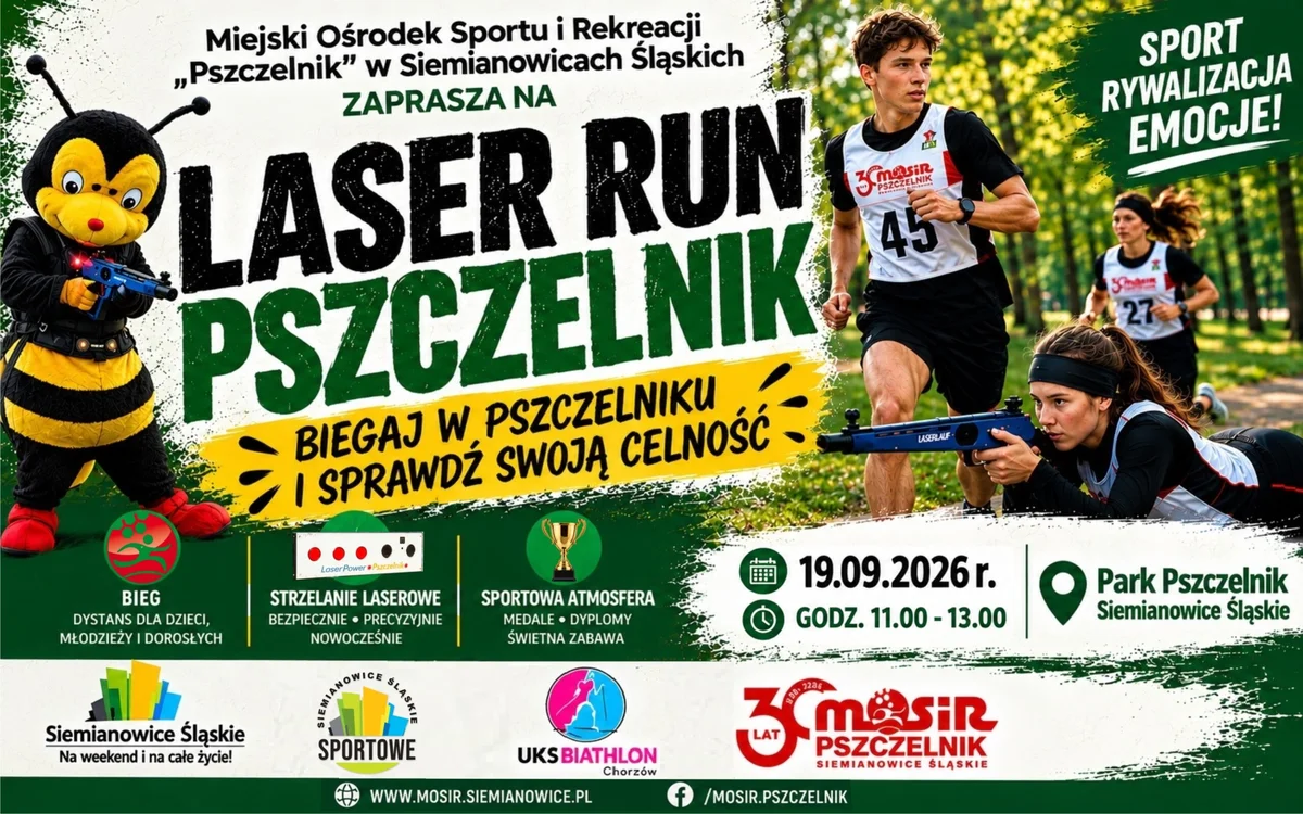 Grafika promocyjna wydarzenia LASER RUN PSZCZELNIK – Biegaj w Pszczelniku i sprawdź swoją celność