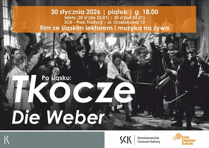 Grafika promocyjna wydarzenia Po śląsku: „Tkocze (Die weber)” — niemy film z lektorem po śląsku i muzyką na żywo