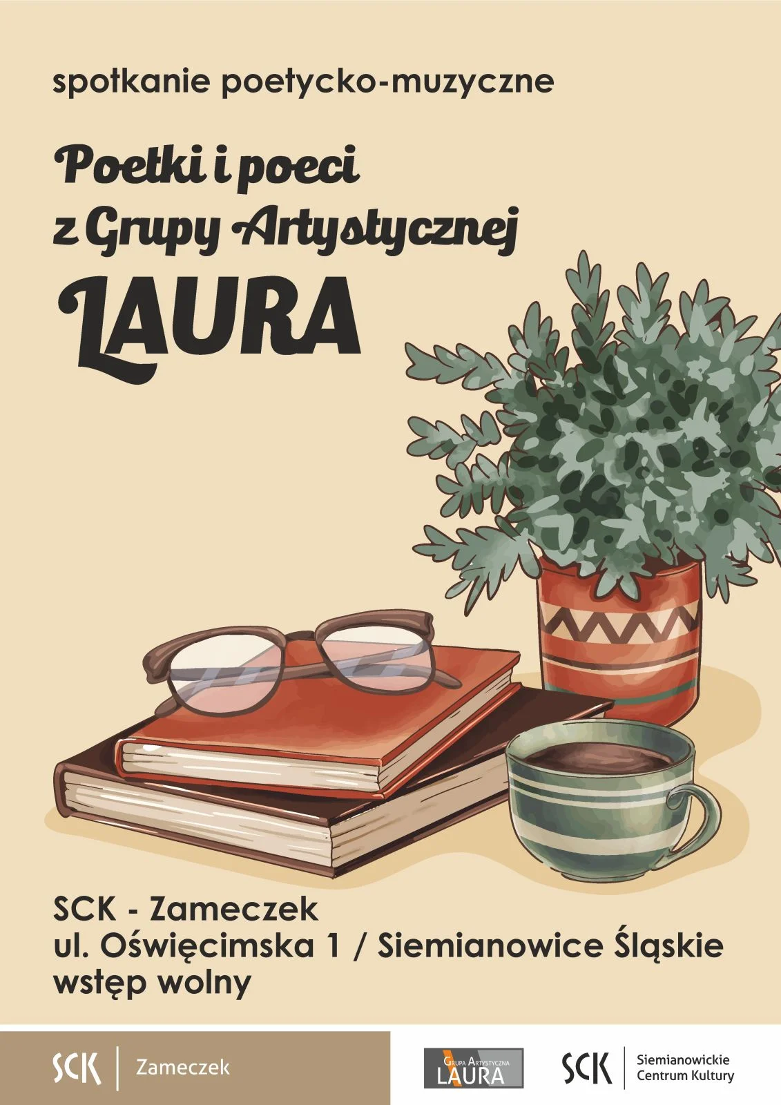 Grafika promocyjna wydarzenia Poetki i poeci z Grupy Artystycznej Laura