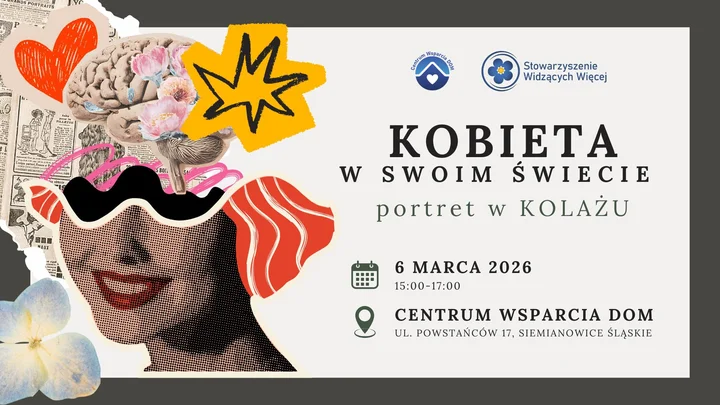 Grafika promocyjna wydarzenia Portret w kolażu — warsztaty z okazji Dnia Kobiet
