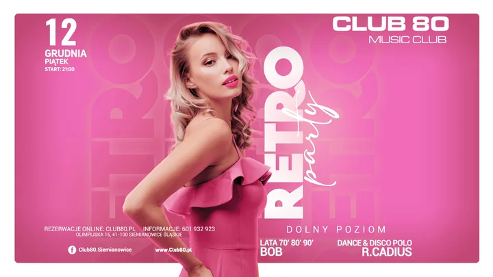 Grafika promocyjna wydarzenia RETRO PARTY w CLUB80 — impreza lat 80. i 90., 12 grudnia 2025