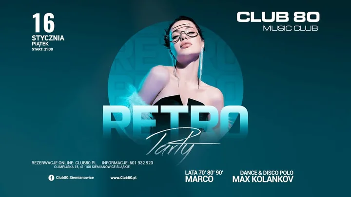 Grafika promocyjna wydarzenia RETRO PARTY w Club 80 — noc hitów z lat 70., 80., 90. i 2000