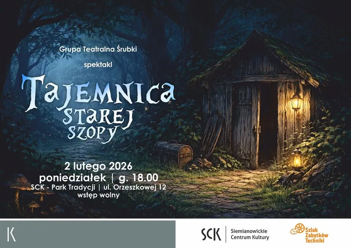 Grafika promocyjna wydarzenia Tajemnica starej szopy — spektakl grupy teatralnej Śrubki