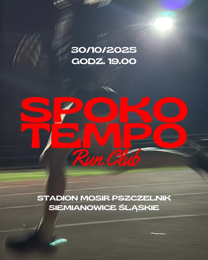 Grafika promocyjna wydarzenia Spoko Tempo Run Club — wspólny bieg na Stadionie MOSiR Pszczelnik
