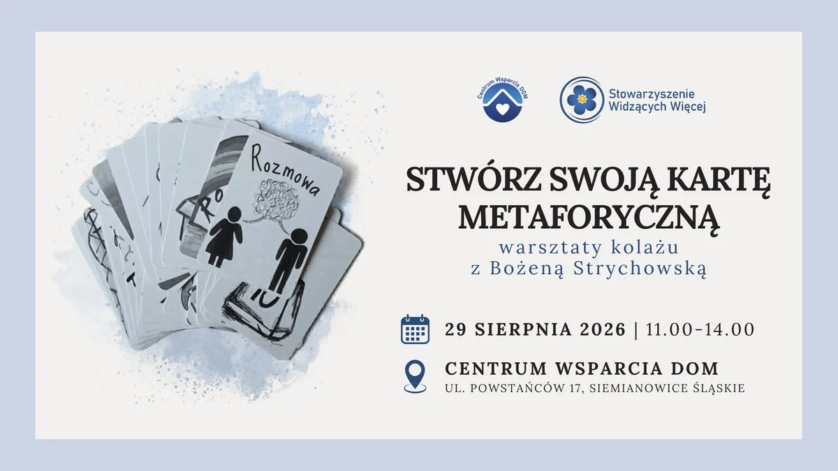 Grafika promocyjna wydarzenia Stwórz swoją kartę metaforyczną w Siemianowicach Śląskich – warsztaty kolażu z Bożeną Strychowską