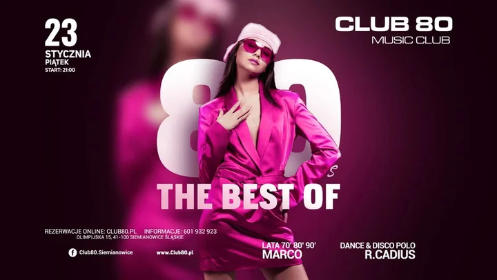 Grafika promocyjna wydarzenia THE BEST OF 80s w Club 80 — retro noc pełna hitów