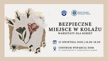 Grafika promocyjna wydarzenia Bezpieczne miejsce w kolażu — warsztaty kreatywne dla kobiet