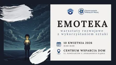 Grafika promocyjna wydarzenia EMOTEKA — warsztaty rozwojowe przez sztukę z ograniczoną paletą