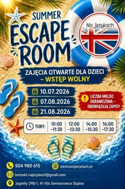 Grafika promocyjna wydarzenia SUMMER ESCAPE ROOM w Siemianowicach Śląskich – wakacyjne zajęcia z angielskiego dla dzieci