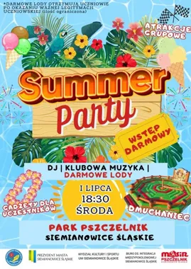 Grafika promocyjna wydarzenia SUMMER HAWAII PARTY MRM w Parku Pszczelnik – hawajskie rozpoczęcie wakacji w Siemianowicach Śląskich