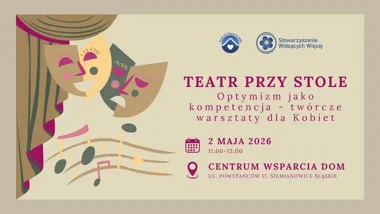 Grafika promocyjna wydarzenia Teatr przy stole – optymizm jako kompetencja. Twórcze warsztaty dla kobiet w Siemianowicach Śląskich