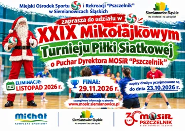 Grafika promocyjna wydarzenia XXIX Mikołajkowy Turniej Siatkówki w Siemianowicach Śląskich