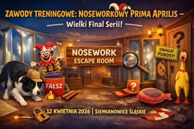 Grafika promocyjna wydarzenia Noseworkowy Prima Aprilis w Siemianowicach Śląskich – wielki finał serii zawodów treningowych