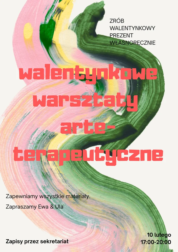Grafika promocyjna wydarzenia Walentynkowe Warsztaty Arteterapeutyczne — trening komunikacji i kooperacji