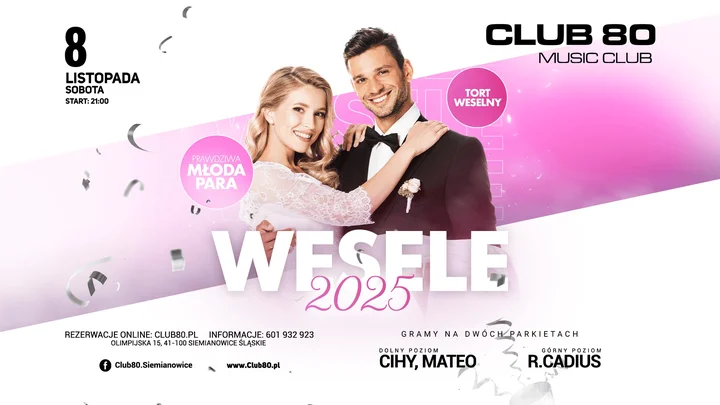 Obrazek przedstawia grafikę promocyjną wydarzenia Weselna zabawa w Club80 — impreza muzyczna 8 listopada 2025